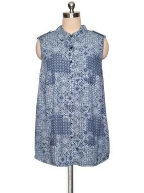 Jane and Delancey Blue Lyocell Printed Sleeveless  Button Up Blouse Shirt 1X